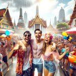 DALL·E 2023 10 18 17.00.51 photo of a joyful group celebrating Songkran drenched in water with the backdrop of iconic Thai landmarks and vibrant festivities