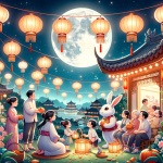 DALL·E 2023 10 21 01.49.16 illustration of a typical Mid Autumn Festival scene in Taiwan showcasing families gathering around admiring the full moon and children playing with 1