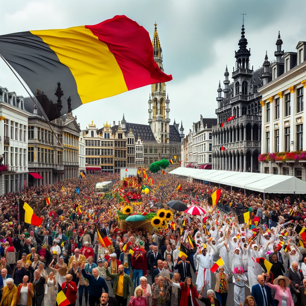 벨기에 독립기념일(Belgian National Day)을 기념하여 시민들이 거리에서 국기를 들고 모여있다.