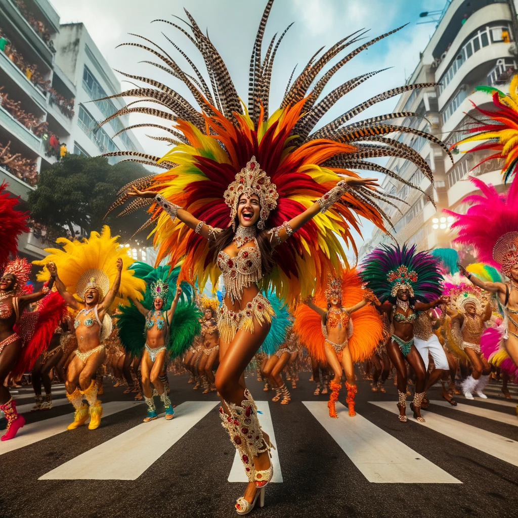 브라질의 카니발(Carnival)을 기념하기 위해 사람들이 화려한 복장으로 거리에서 춤을 추고 있다.