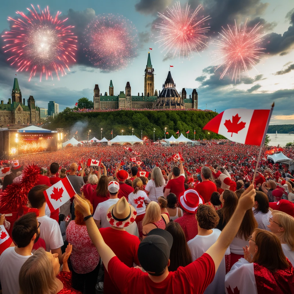 캐나다 데이(Canada Day)를 기념하기 위해 많은 사람들이 모여서 캐나다 국기를 들고 있다.