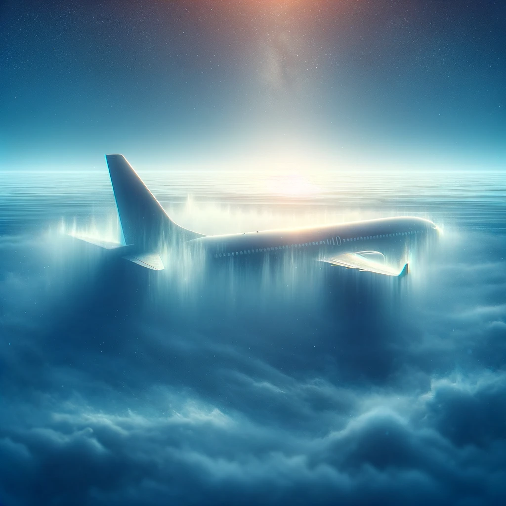 DALL·E 2024 04 20 18.34.55 An atmospheric depiction of an airplane vanishing into thin air over the Bermuda Triangle. The scene shows a clear sky with a few clouds and the airp