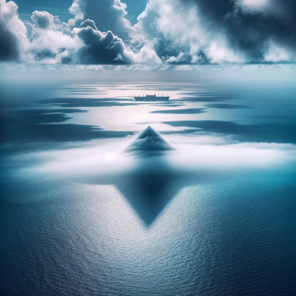 DALL·E 2024 04 20 18.35.01 A serene view of the Bermuda Triangle from above showing a mysterious mist over calm ocean waters with a disappearing ship barely visible in the dist