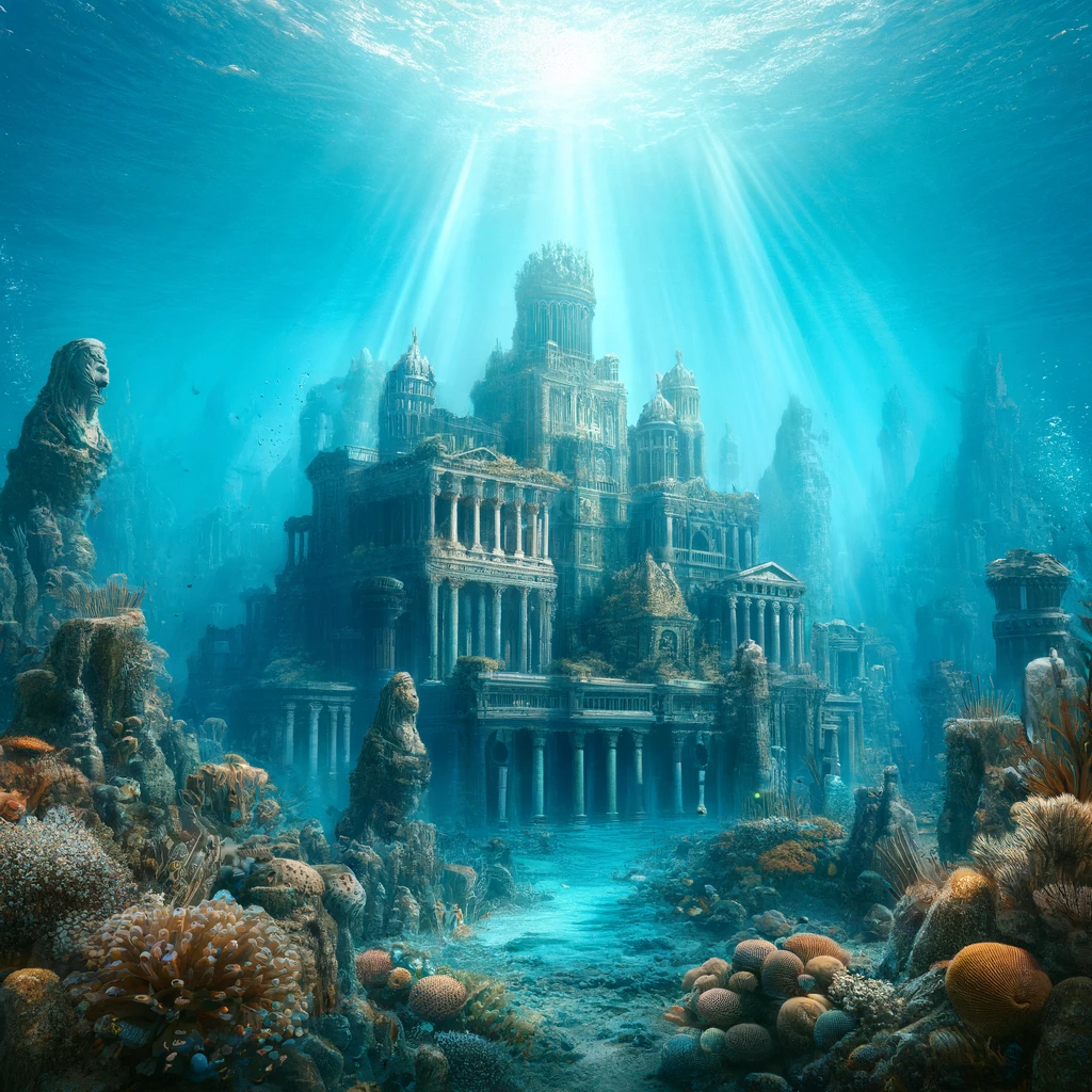 DALL·E 2024 04 21 02.42.26 A breathtaking underwater view of the legendary city of Atlantis depicted as an ancient submerged metropolis with ornate architecture. Coral reefs a