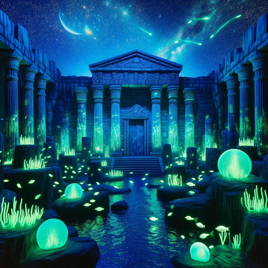 DALL·E 2024 04 21 02.42.29 A vivid portrayal of Atlantis at night showing the ancient city glowing with bioluminescent lights under the sea. The architecture features grand col