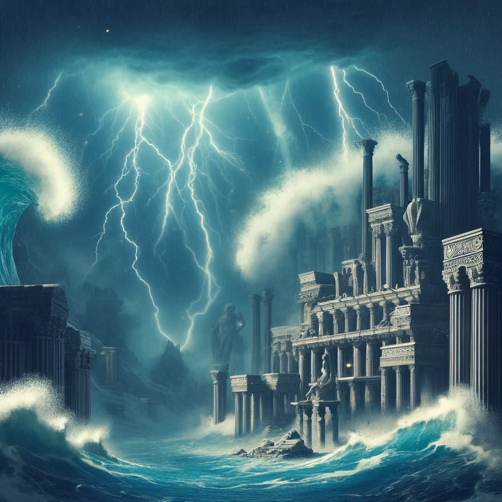 DALL·E 2024 04 21 02.42.31 An imaginative depiction of the city of Atlantis during a storm with towering waves crashing against the submerged city walls. The ancient structures