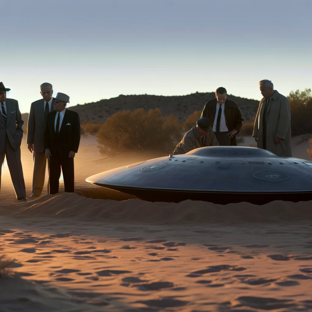 DALL·E 2024 04 21 18.17.50 A suspenseful depiction of the Roswell UFO incident aftermath at dawn. The scene shows government officials and military personnel inspecting a large