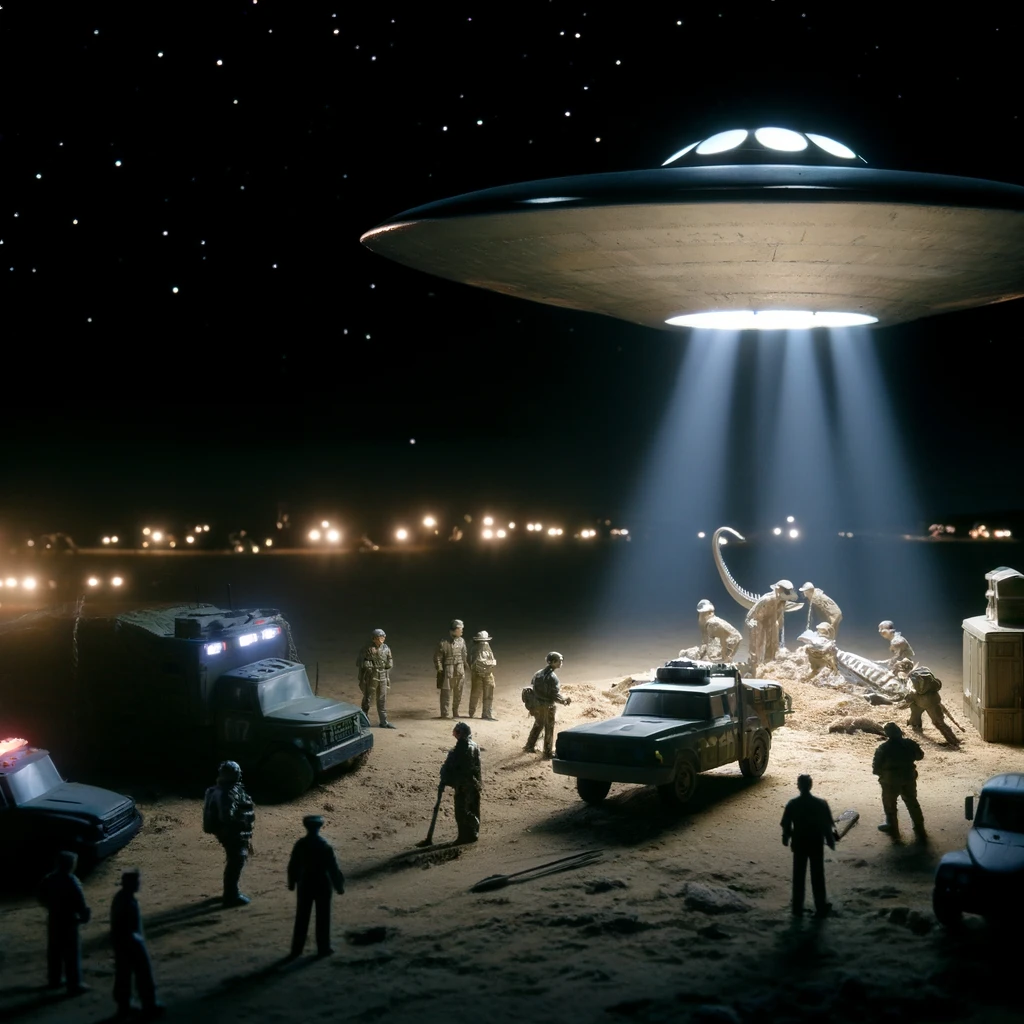 DALL·E 2024 04 21 18.17.51 An eerie nighttime scene depicting the immediate response to the Roswell UFO incident. The image shows military vehicles and personnel setting up a pe