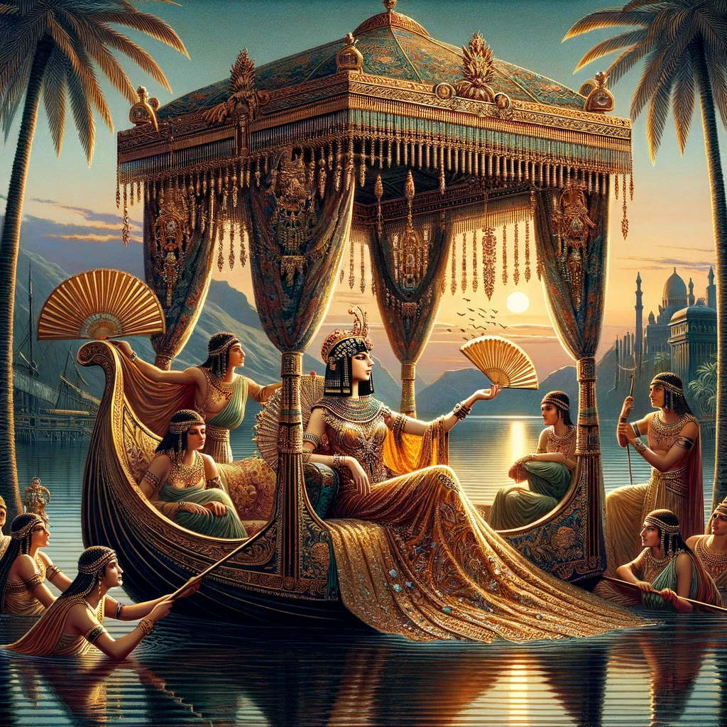 DALL·E 2024 04 23 16.12.28 A luxurious scene depicting Cleopatra on a royal barge floating on the Nile River. The queen is elegantly dressed in a richly embroidered gown loungi