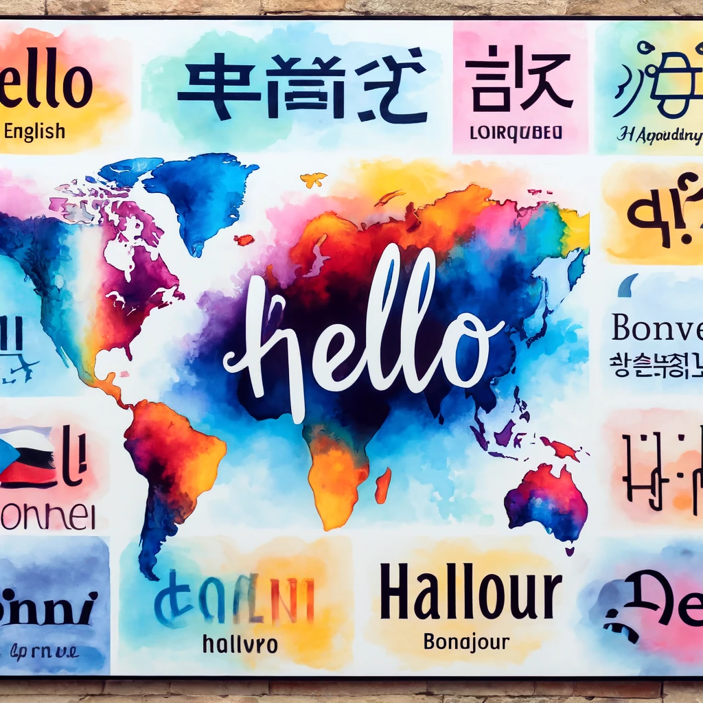 DALL·E 2024 04 30 13.54.01 A vibrant display of the word Hello in several prominent languages arranged artistically on a canvas. The greetings include Hello in English 안녕하