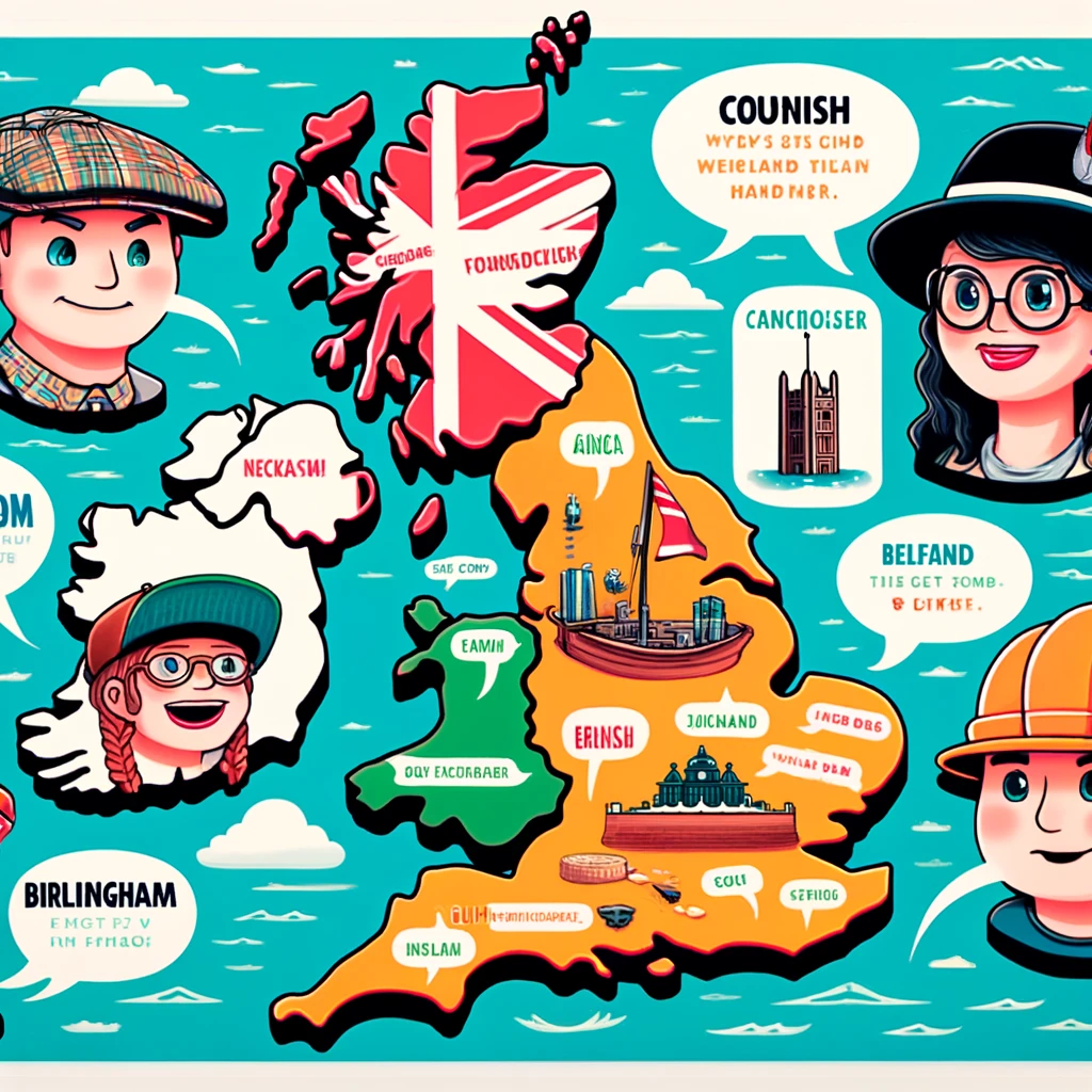 DALL·E 2024 05 03 19.25.55 An illustrative map of the United Kingdom highlighting different regional dialects. The map features cartoon like characters representing various area